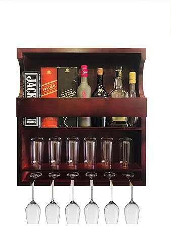 METRENO Solid Wood Hanging Design Storage Cabinet-Wall Mounted Wine Rack for Wine Bottles & Stemware Glasses-Mini Bar for Home, Kitchen, Dining Room(Rustic Wood Wine red)