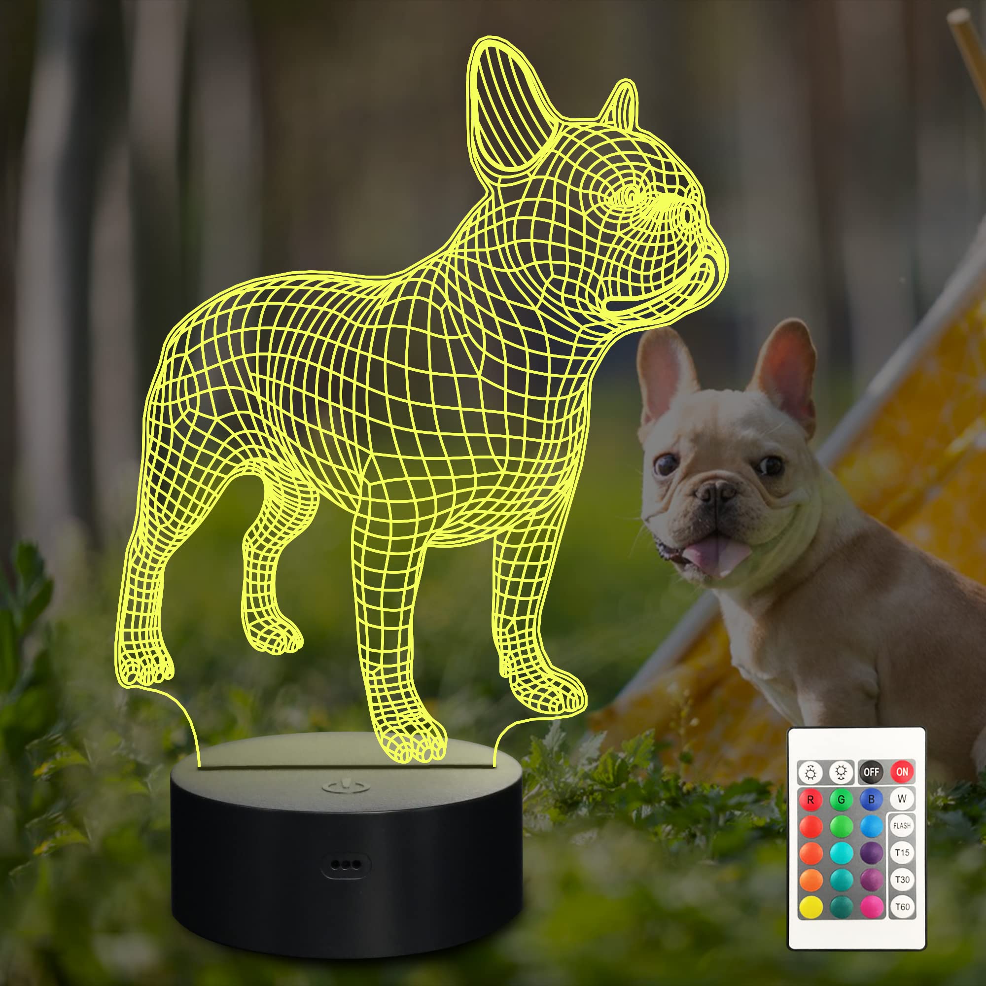 CooPark French Bulldog 3D Night Light, Cute Dog Illusion Hologram Bedside Lamp 16 Color Change with Remote Control, Bedroom Decor Personalized Creative Christmas Birthday Gift for Kid Child Toddler
