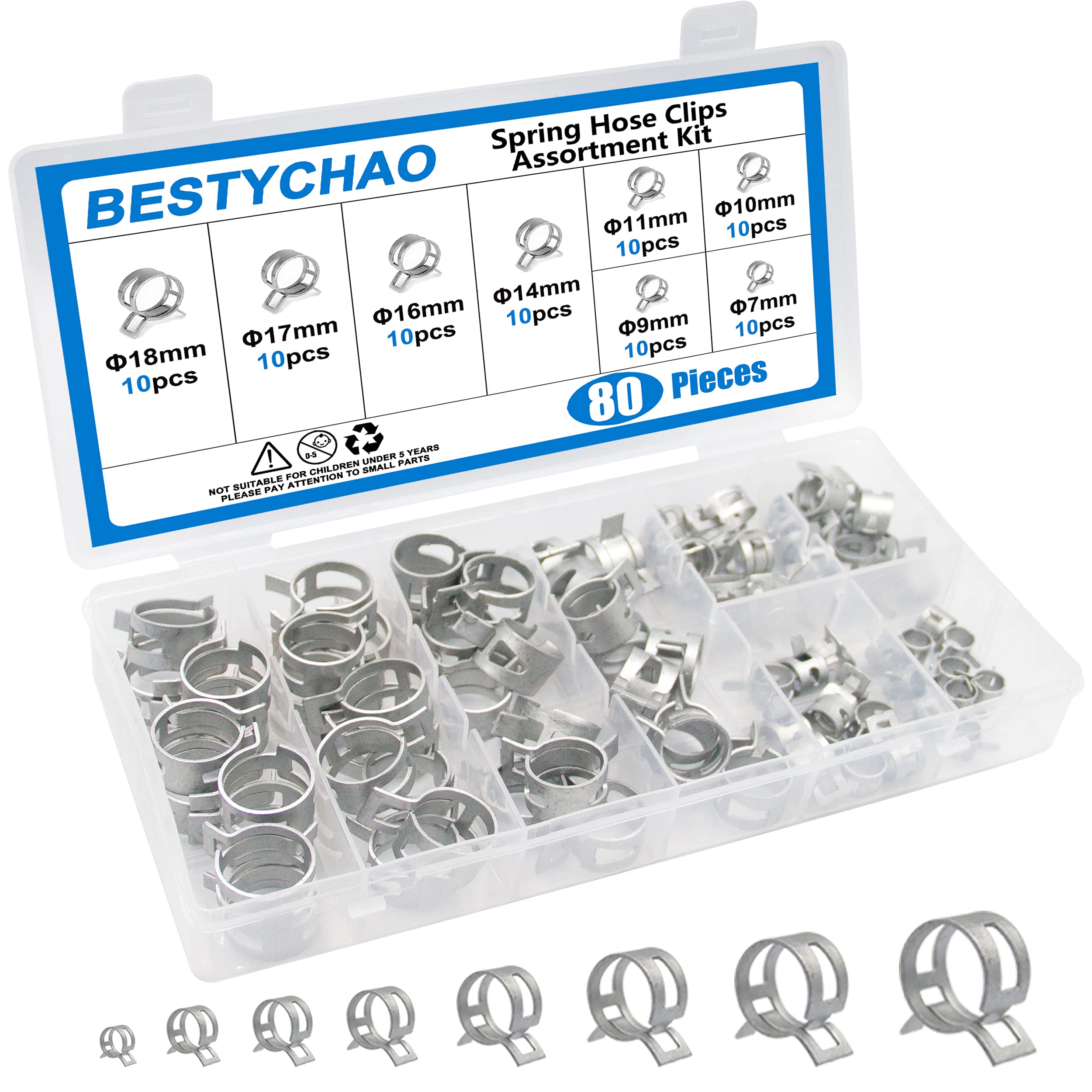 BESTYCHAO Mini Hose Clips, 80pcs Spring Hose Clamps Assortment Kit, Fuel Pipe Clips Water Pipe Air Tube Silicone Vacuum Hose Clamp Fastener 7mm 9mm 10mm 11mm 14mm 16mm 17mm 18mm
