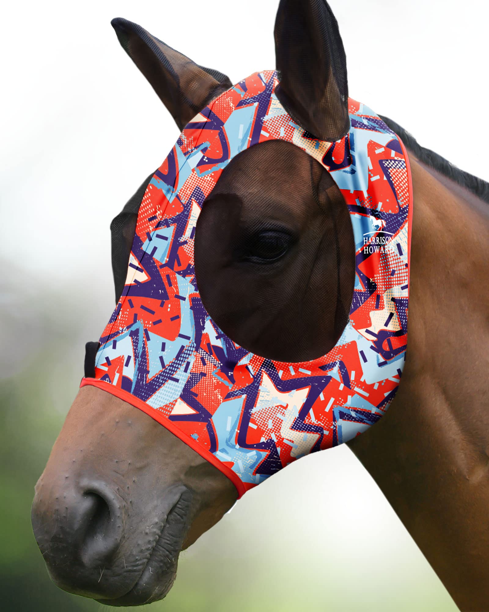 Harrison Howard Super Comfort Stretchy Fly Mask Large Eye Space with UV Protection Soft on Skin with Breathability Orange Geo-Print — image 1