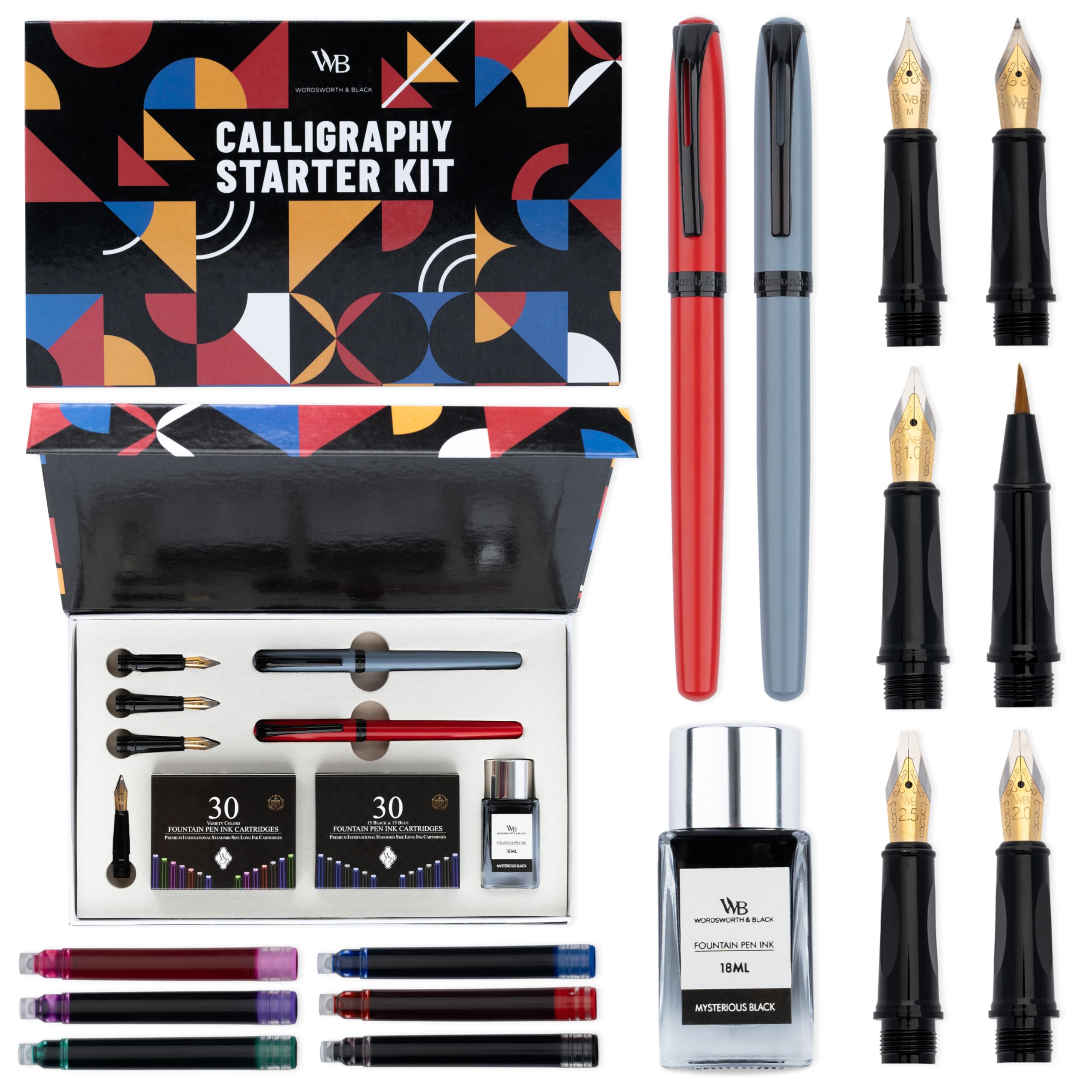 Wordsworth and Black Calligraphy Pen Set - Grey - Includes 2 Calligraphy Pens, 18 ML Ink Bottle, 60 Ink Cartridges, A Refill Converter, 1 Medium and 4 Broad Nibs, Brush Pen