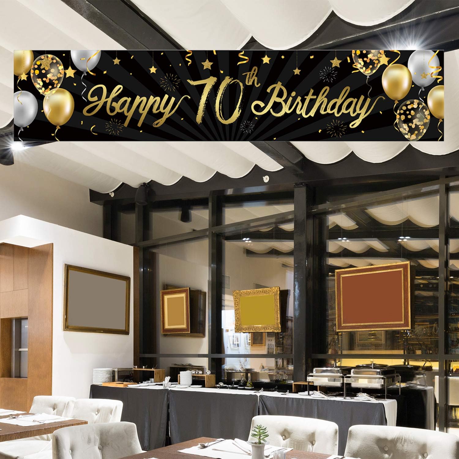 Happy 70th Birthday Banner Sign Black Gold Glitter 70 Years Birthday Party Decorations Supplies Anniversary Celebration Backdrop - Image 4
