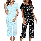 ENJOYNIGHT 2 Pack Womens Pajama Sets Cotton Short Sleeve Top with Capri Pants Summer Pjs Sleepwear