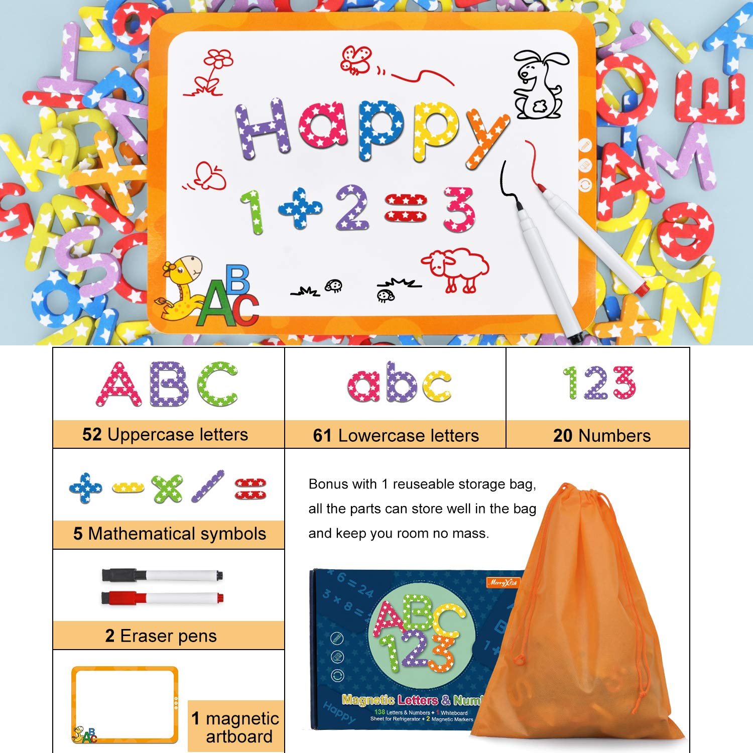 Magnetic Letters and Numbers-138Pcs Kids Educational Alphabet Refrigerator Magnets-Gift Set with Dry Erase Magnetic Board,Best Preschool Learning Toys for Kids Spelling,Counting,Color Recognition