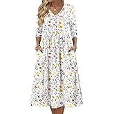 Zeagoo 3/4 Sleeve Women's Dress Casual Midi Tshirt Dresses with Pockets Empire Waist Summer Semi-Formal Boho Beach Sundress