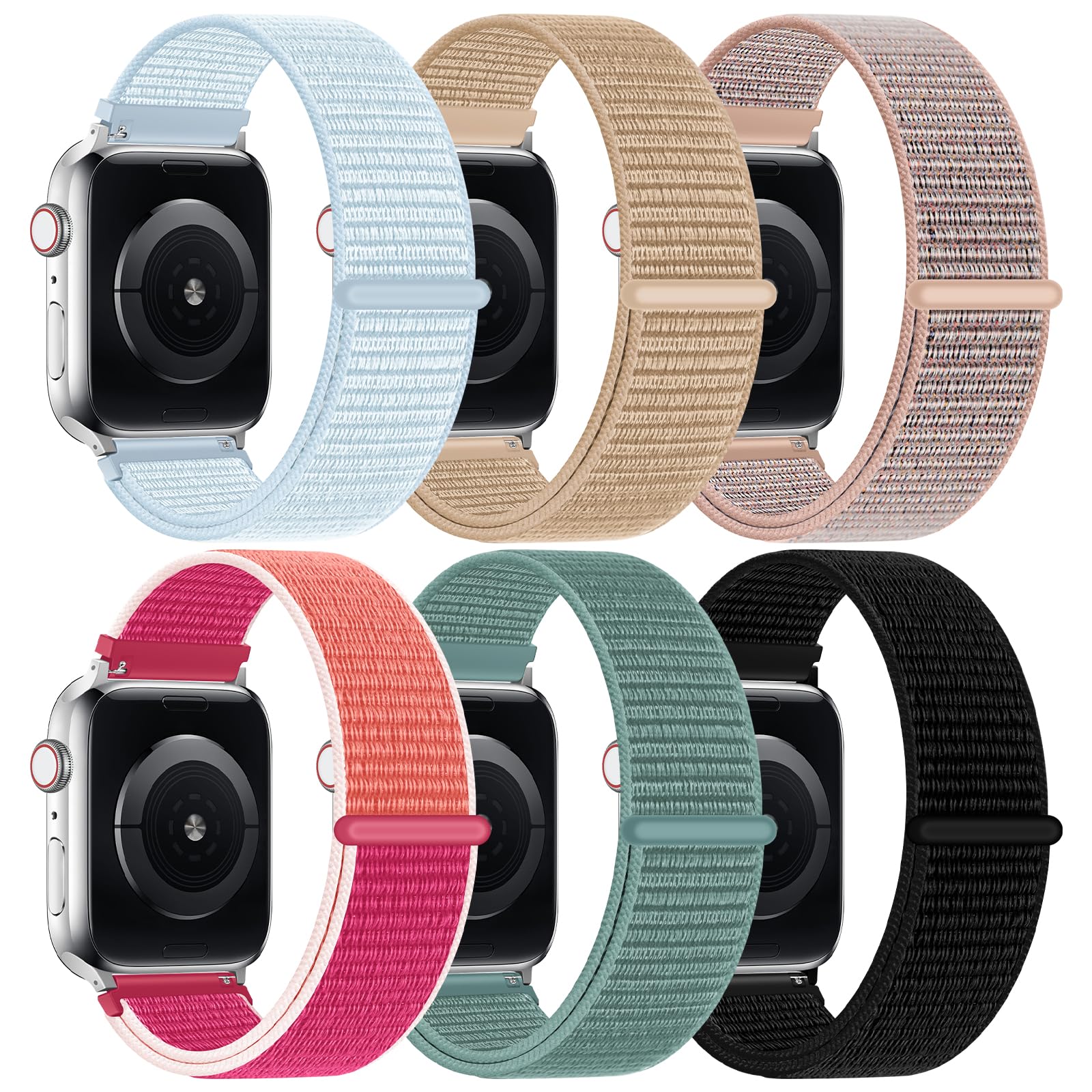 Photo 1 of 6 Pack Nylon Sport Loop Band Compatible with Apple Watch Bands 44mm/45mm/46mm/49mm/42mm(Series 3 2 1) iwatch Bands for Women Men, Soft Adjustable Strap for iWatch Series 10 9 8 7 6 5 4 3 2 1 SE Ultra (I:Pine Green/Pomegranate/Pink Sand/Milk Tea/Black/Blue
