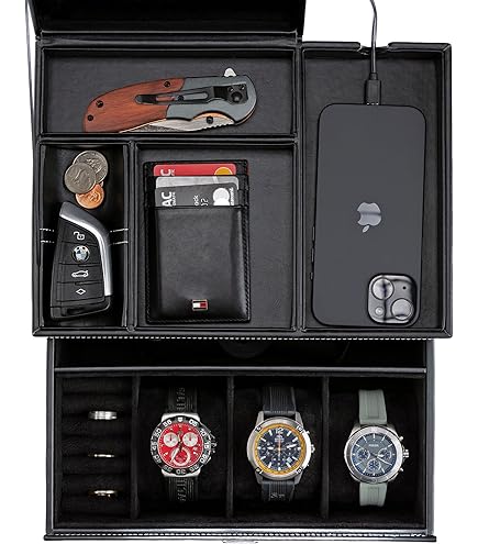 mens leather dresser valet Faux Leather Mens Jewelry Box Organizer, Valet Tray For Watches ,Black