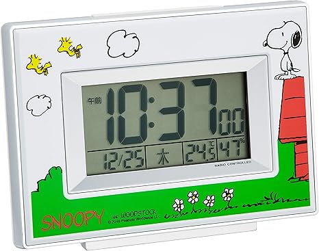 Amazon Co Jp Snoopy スヌーピー 目覚まし時計 キャラクター 電波 デジタル R187 温度 湿度 曜日 カレンダー 表示 白 リズム Rhythm 8rz187 M03 ホーム キッチン