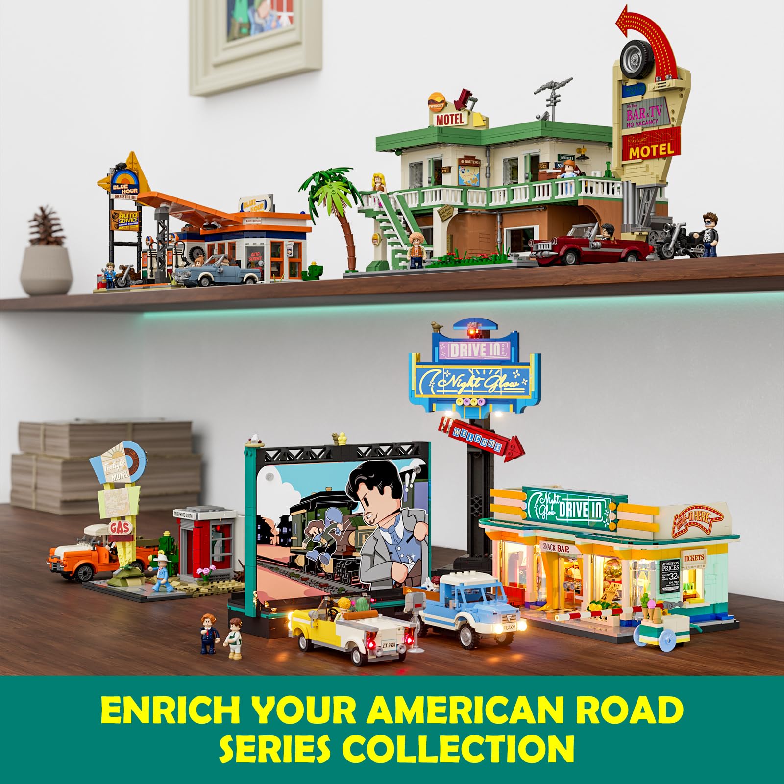 Lumibricks City Drive-in Theater Baustein-Set mit LED-Beleuchtung – 1760 Teile Retro-Auto-Kino-Modell mit Leinwand, Werbetafel & 2 Vintage-Fahrzeugen, Geschenk für Erwachsene, Jugendliche & Sammler 6