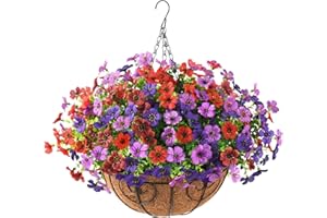HOMMYEA Artificial Flowers Hanging Baskets, Multicolor 12 Bundles Faux Flower Outdoor Hanging Basket Spring Summer Decoration, Fake Plants for Porch Patio Balcony Home Yard Decor(Mixd 2)