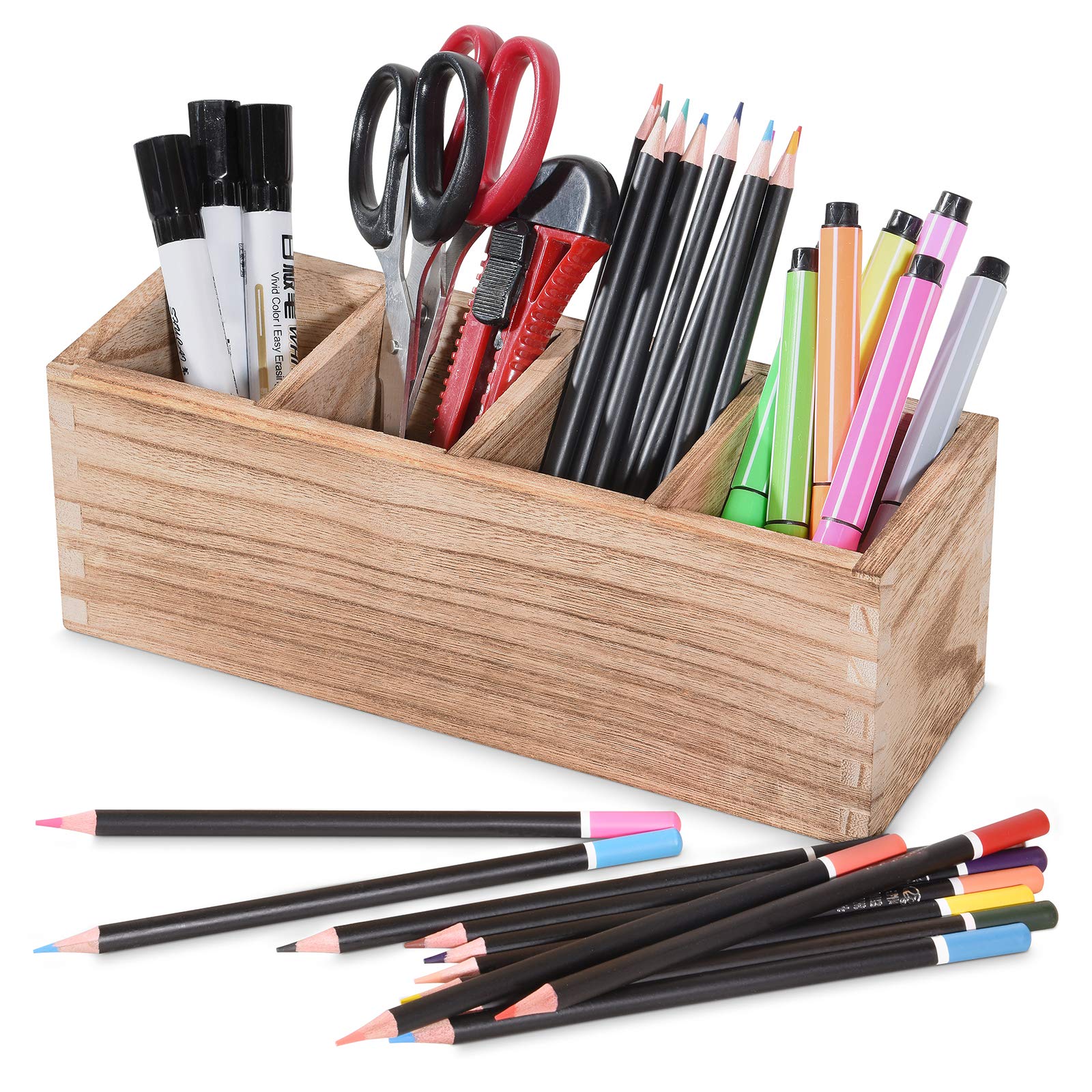 WuGeShopPen Pot Wood Pencil Organizer for Desk, Pen Holder with 4 Adjustable Compartment, Desk Tidy Organiser for Home, Office, School
