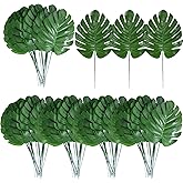 XONOR 100Pcs Artificial Monstera Leaves Fake Tropical Faux Palm Leaves with Stem for Jungle Hawaiian Dinosaur Luau Party Table Decoration Wedding Birthday Theme Party, Leaf Size: 7''x 5''