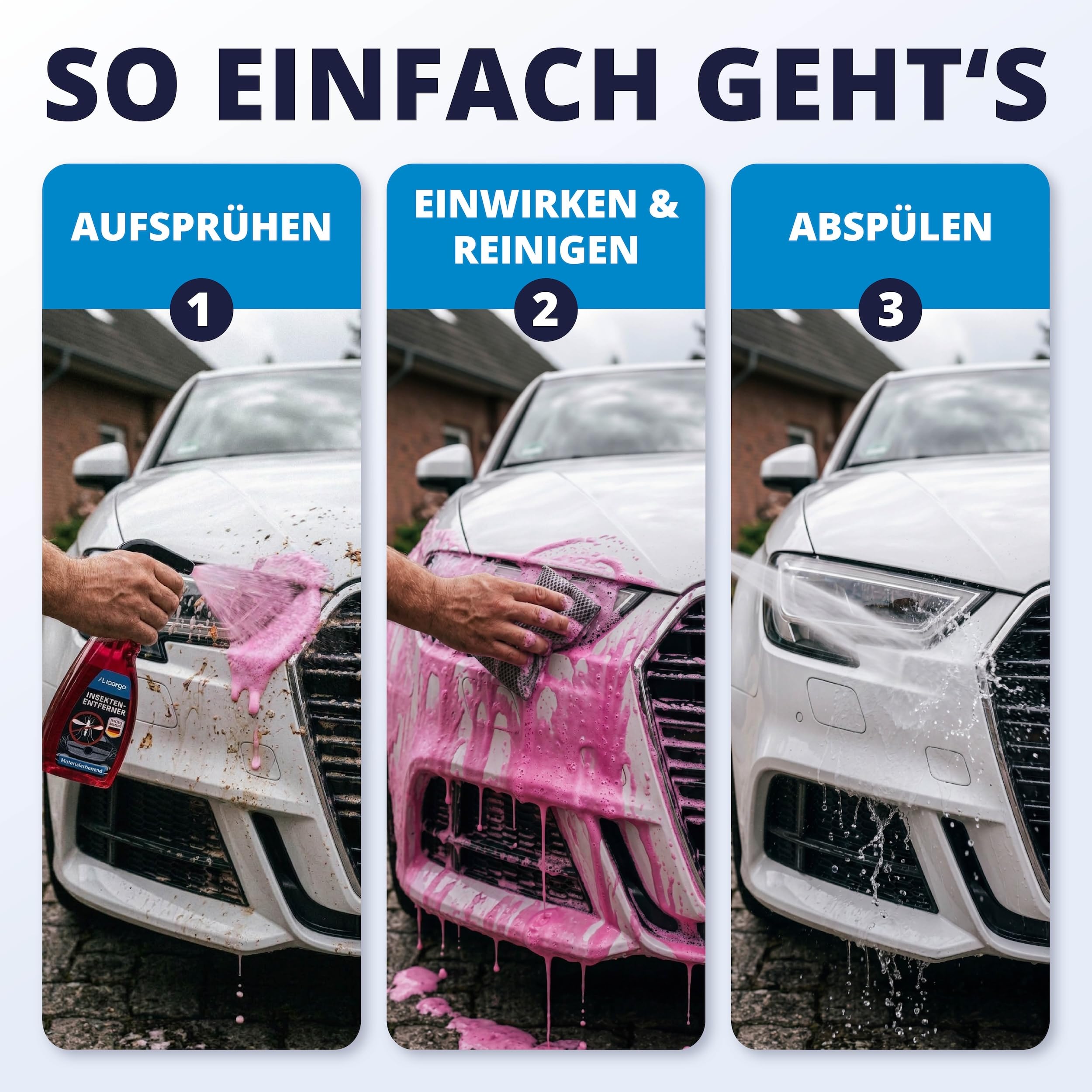 LICARGO Insektenentferner Auto 750ml – Insektenreiniger löst hartnäckige Insektenreste, Vogelkot, Baumharz – Fliegen- & Mückenentferner für Auto, Motorrad, Wohnmobil – Lack, Glas, Chrom, Kunststoff 3