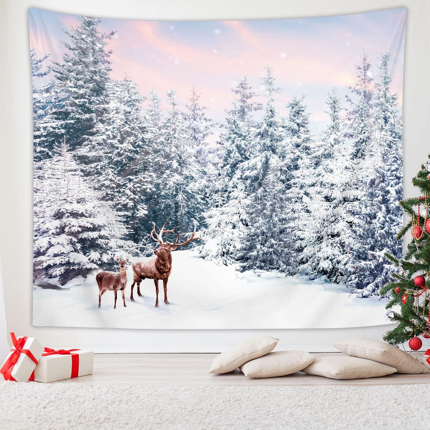 Tapestries - RosieLily Christmas Tapestry Wall Hanging, Deer Tapestry Forest Tapestry Winter Snow Tapestry Santa Claus Xmas Holiday Wall Tapestry for Bedroom Room Dorm Wall Decor, Christmas Gift, 59
