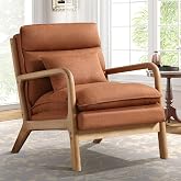 IOMOR Mid Century Modern Accent Chair, Upholstered Lounge Armchair with Plump Back Pillow, Comfy Reading Chair with Solid Woo