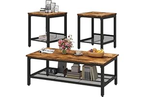 DKLGG Coffee Table Set of 3, Vintage Wood Coffee Table & 2 End Tables, Square Tabletop Modern Industrial Living Room 3-Piece Set for Apartment Home Office, Rustic Brown