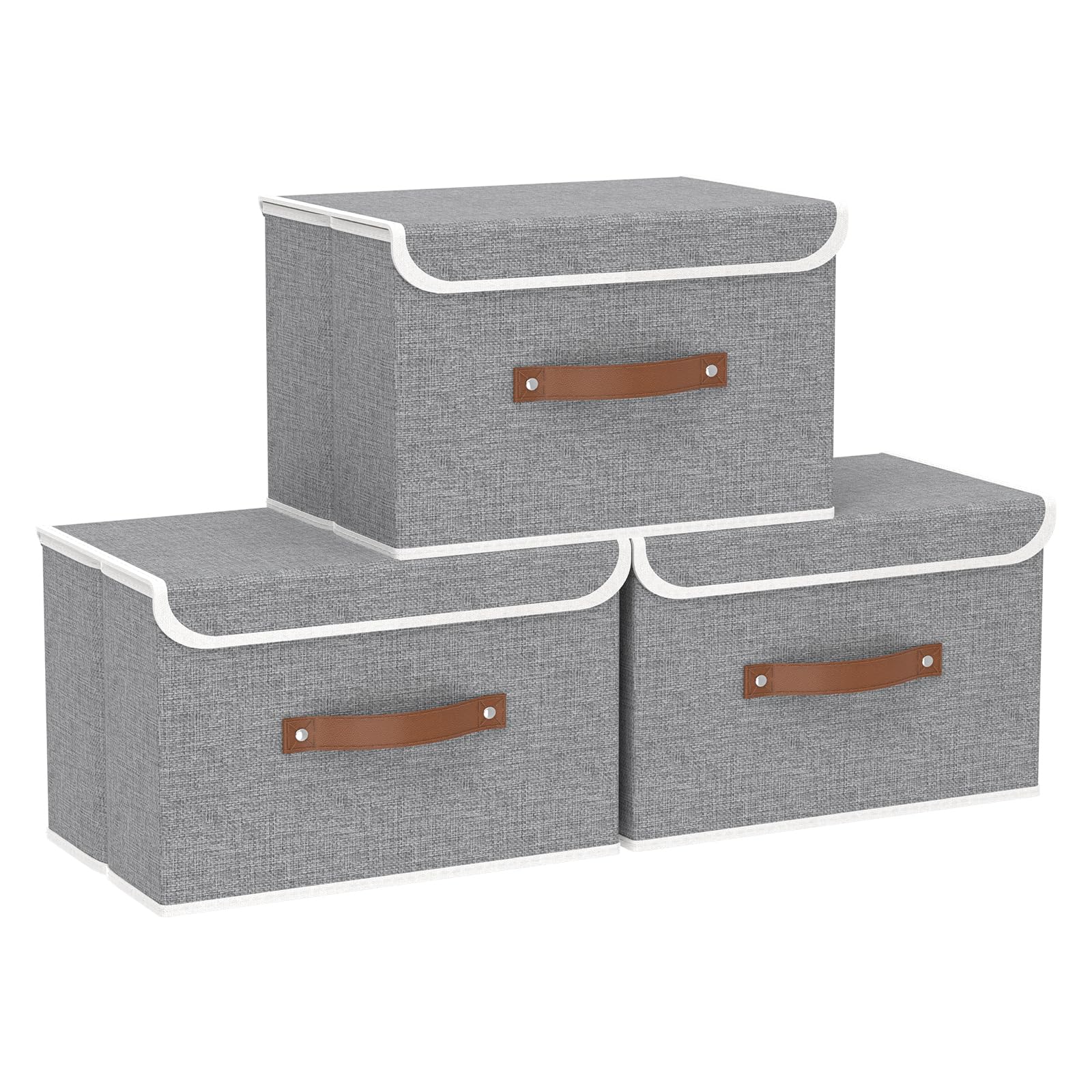 Yawinhe Collapsible Storage Box, Fabric Bin with Lids 3 Pack, Closet Baskets with Handle, for Organizing Clothes, 38x25x25cm, Grey, SNK018GY