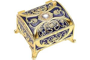 Hipiwe Vintage Jewelry Box Trinket Storage Organizer with Sparkling Rhinestones Enameled Decorative Treasure Chest Box for Ring Necklace Earrings Holder, Blue