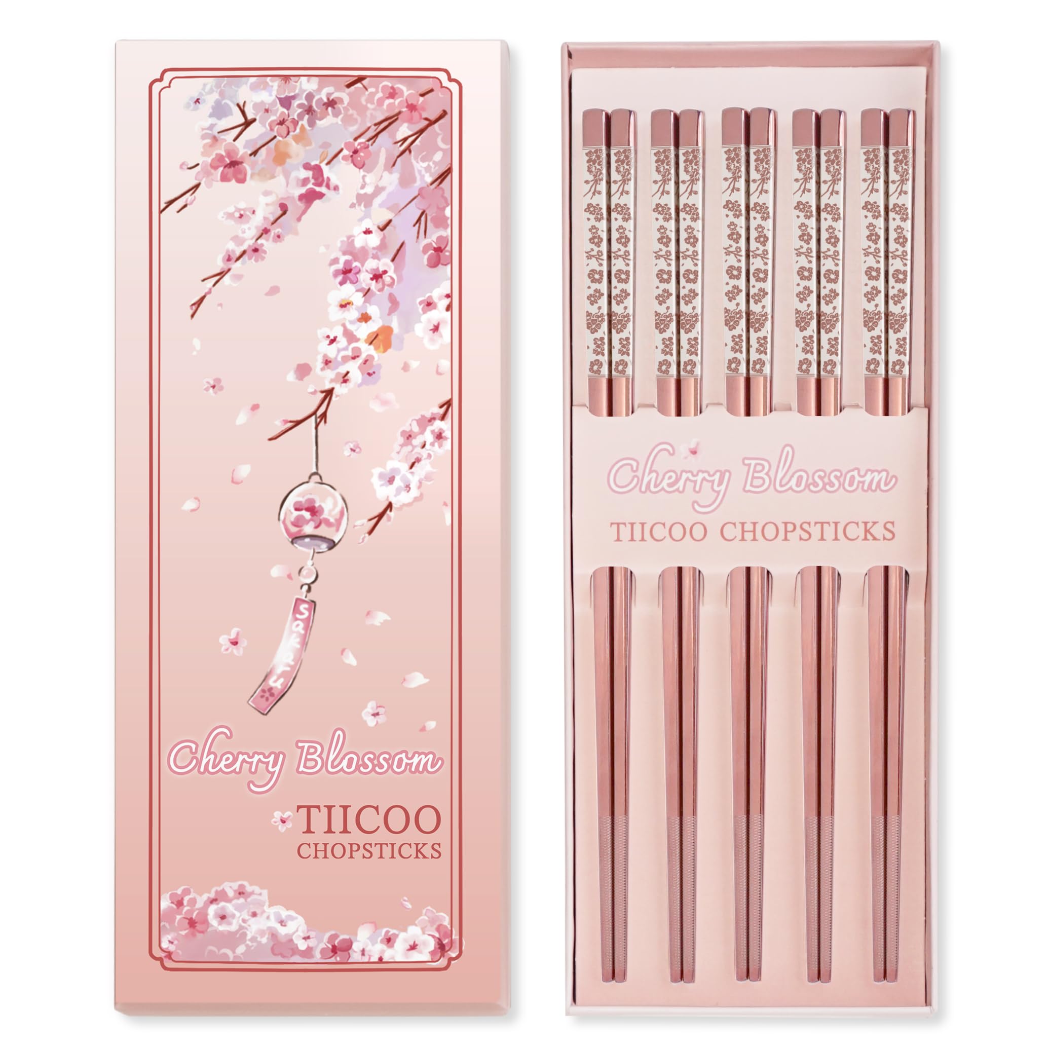 Photo 1 of *** METALLIC ROSE GOLD***  Chopsticks Reusable 18/8 Stainless Steel Chopsticks Pink Sakura Laser Engraved Metal Chop sticks Non-Slip Dishwasher Safe Japanese Korean Chopstick for Cooking Eating 5 Pairs Premium Gift Set