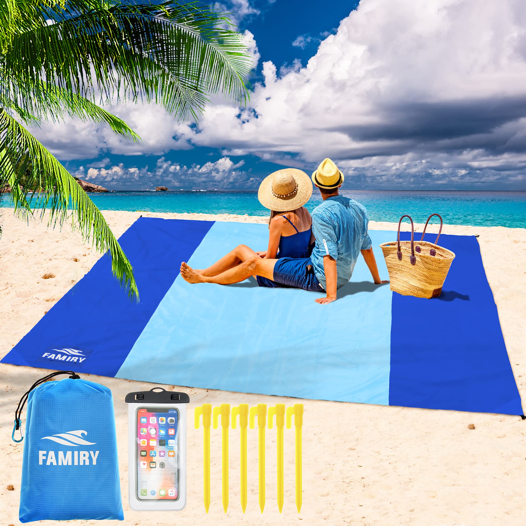 Famiry Sand Free Beach Blanket, Extra Large 10 x 9 Feet Size, Durable &amp; Compact Beach Outdoor Mat, Includes 6 Stakes, 4 Sand Pockets &amp; Zippered Pocket