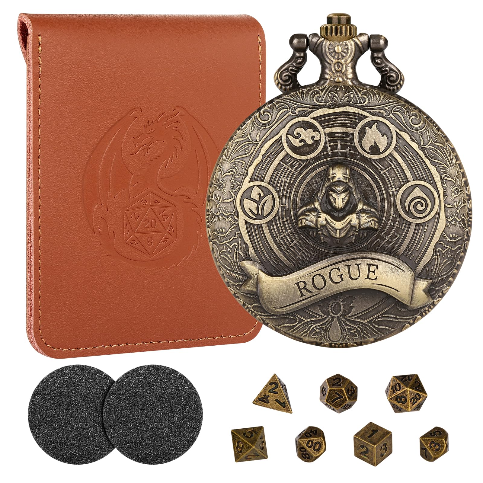 Mini DND Dice Set with Bronze Steampunk Rogue Pocket Watch Case, Tabletop Game Accessories, 7pcs Polyhedral Metal Dice, D&D Starter Set, Gifts with Dice Bag for RPG MTG Gamer