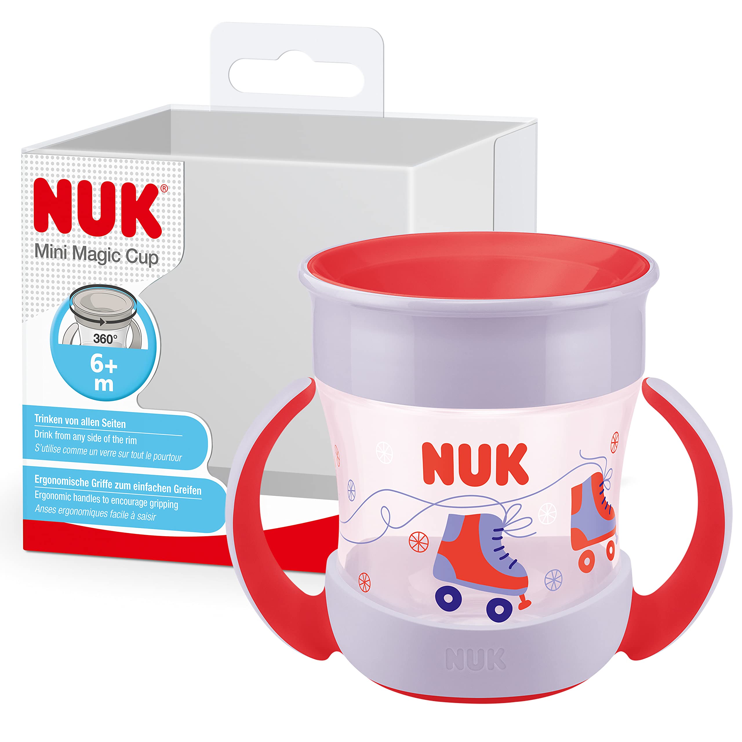 NUK Mini Magic Cup Sippy Cup | 360° Anti-Spill Rim | 6+ Months | Easy Grip Handles | BPA-Free | 160 ml | Red Rollerskates