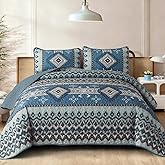 Dintszyayue Boho Quilt Set Queen Size, Aztec Western Blue Quilt Bedspread Set, 3 Pieces Bohemian Southwestern Stripe Bedding Set Soft Lightweight Coverlet Set for All Season