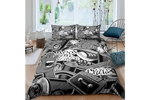 Feelyou Graffiti Bedding Set for Teens Boys Queen Rock Music Theme Duvet Cover Set Hip Hop Comforter Cover Set Kids Teenage Street Art Quilt Cover Hippie Room Decor Bedding with 2 Pillow Shams (3Pcs)