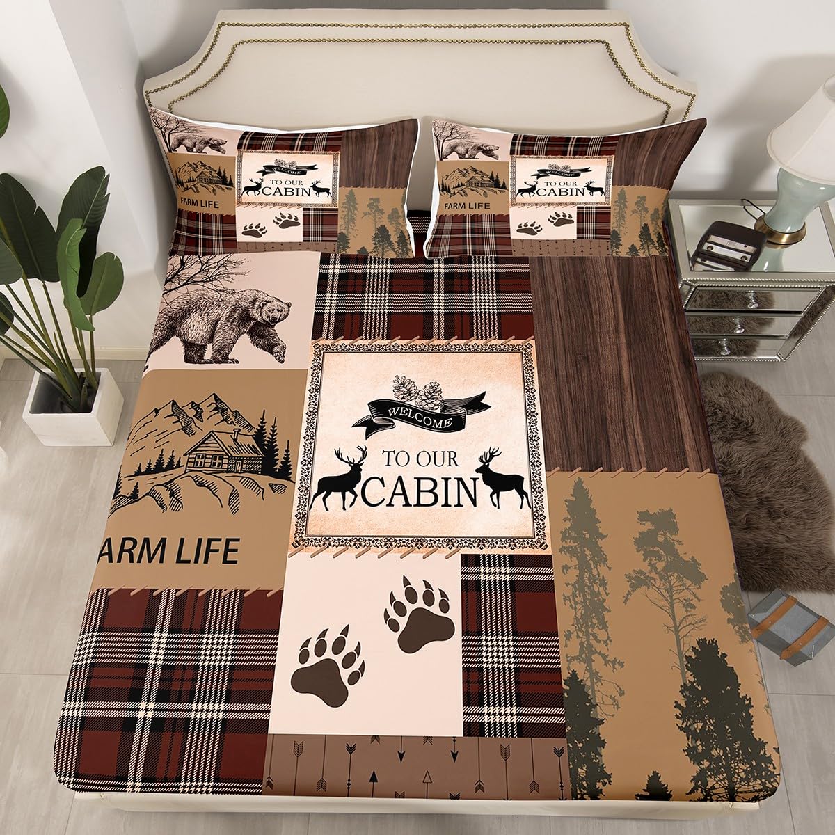 Patchwork Fitted Sheet Double Size, Wild Deer Bear Tree Bed Cover with 2 Pillowcases, Rustic Wooden Plaid Bedding Set 3pcs for Kids Boys Teens Room Decor, Soft Polyester Bedding