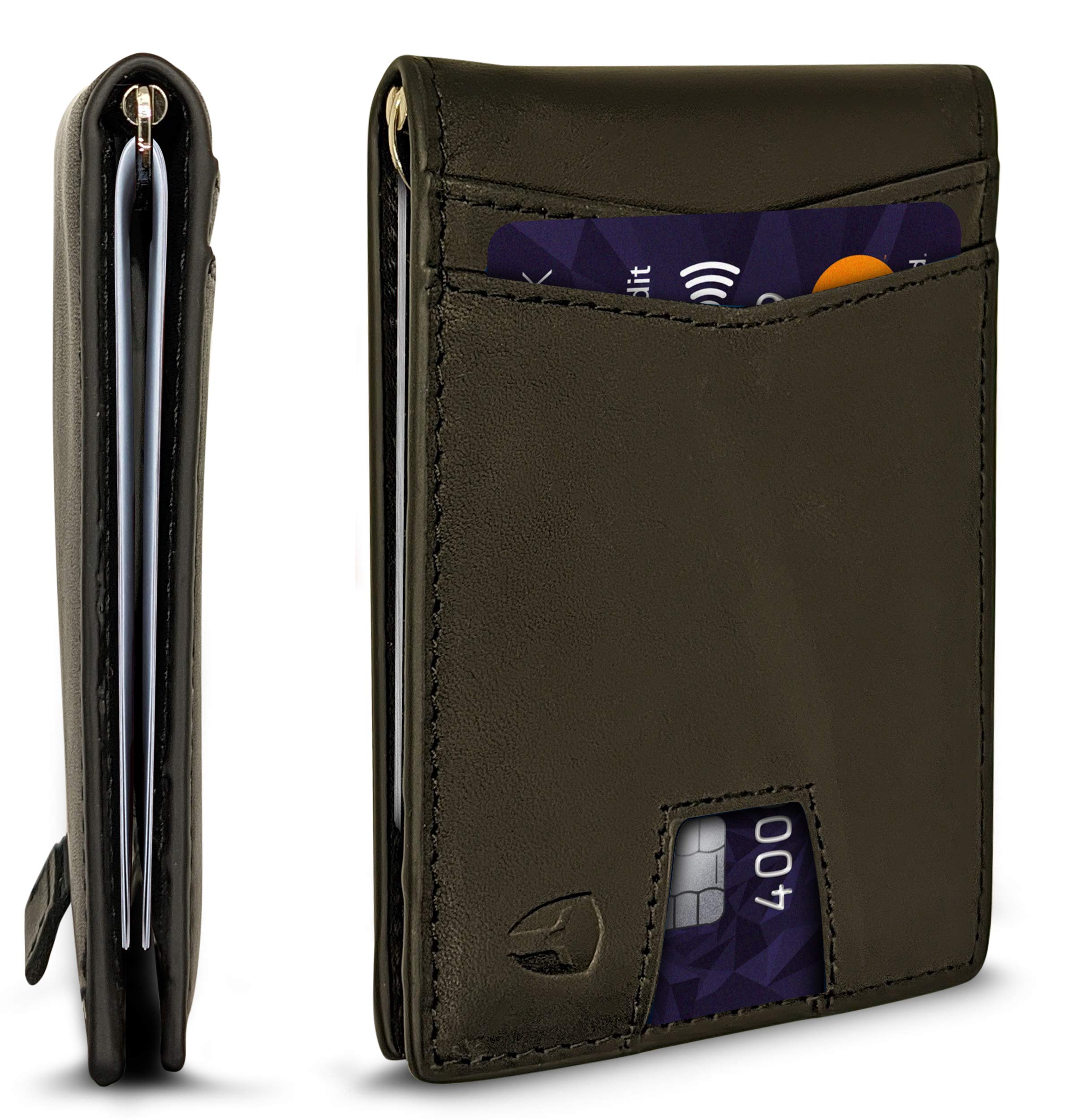 Bryker HydeRFID Blocking Slim Minimalist ID Inside Front Pocket Wallet, Money Clip, 9 Slots, Leather (Charcoal Black w/Pull Out Card Slot)