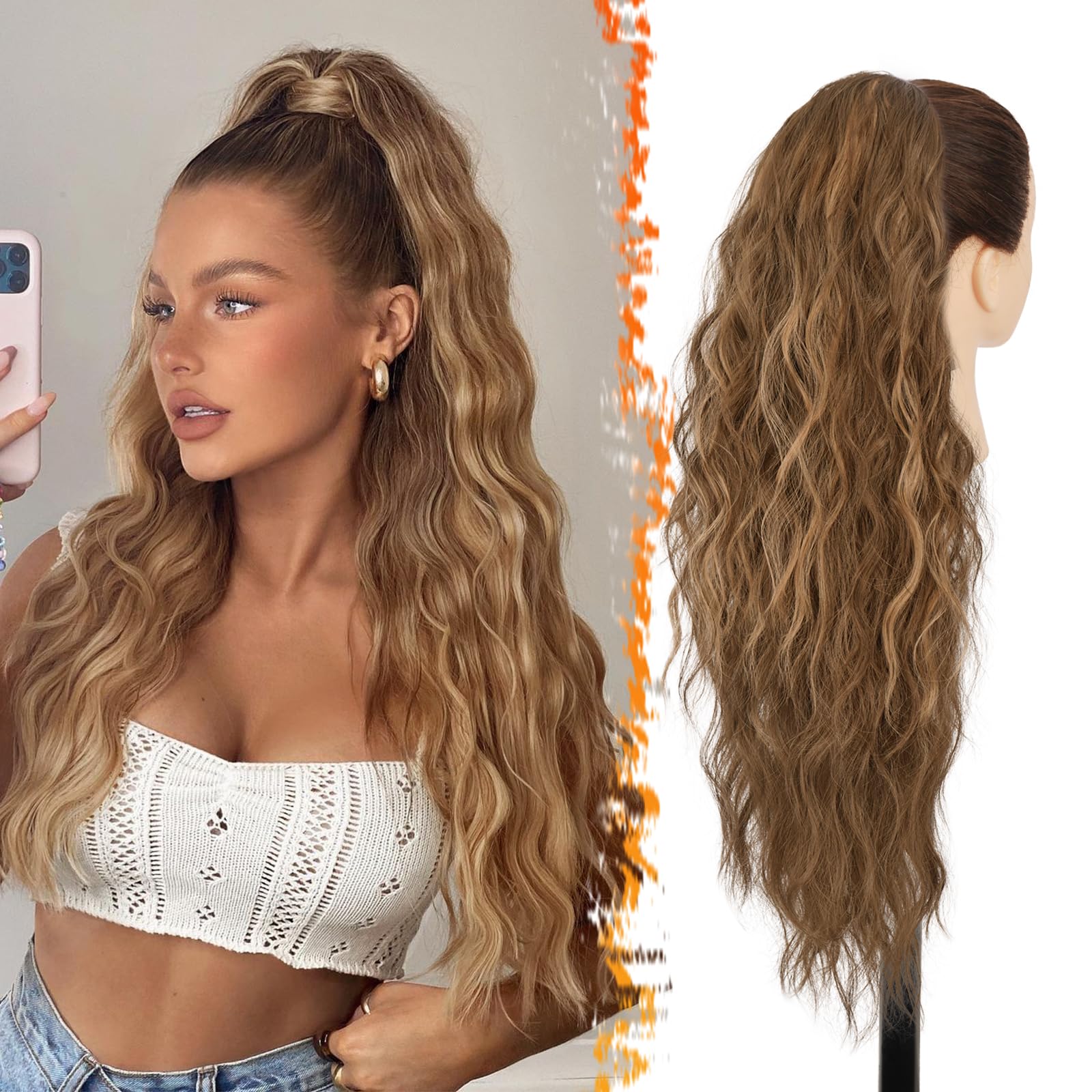 BARSDAR Drawstring Ponytail Extension, 26 Inch Long Curly Wavy Highlight Drawstring Ponytail Hair Extensions for Women, Synthetic Clip in Ponytail Hairpieces Fake Pony Tail, Dark Brown & Auburn
