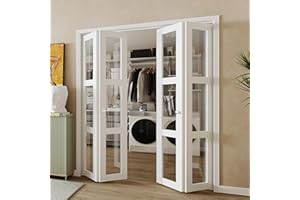 BARNER HOME Bifold Door, 3-lite Clear Glass Closet Door for 72"x 80" Opening, Folding Doors with Hardware Kits, MDF, White Multifold Interior Doors