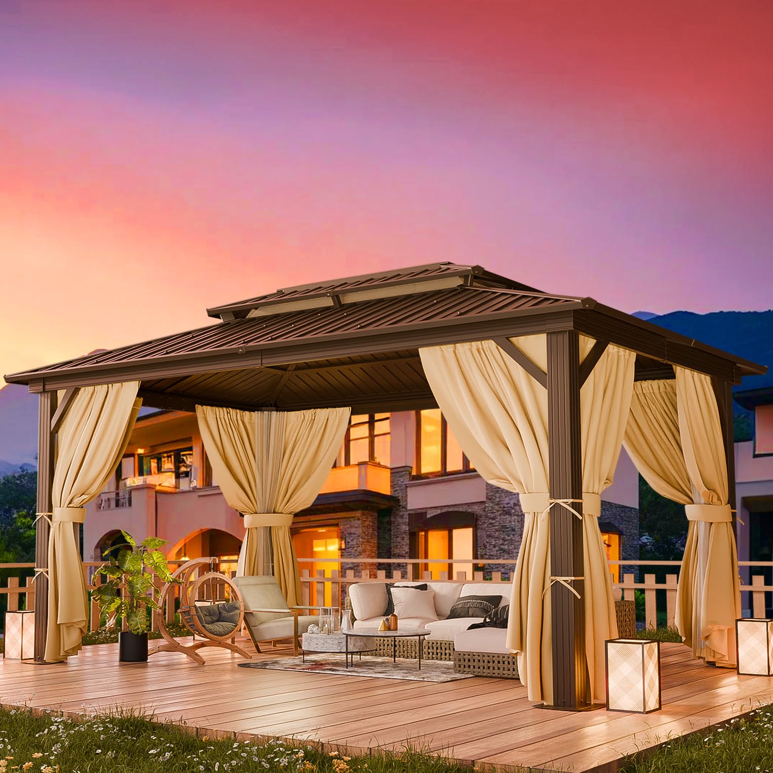 Photo 1 of ***PART 2 PACKAGE ONLY/INCOMPLETE SET/MISSING PARTS***HOTEEL 10x12 Hardtop Gazebo with Heavy Duty Galvanized Steel Double Roof, Aluminum Frame, Flame-Resistant Curtains and Netting, Outdoor Permanent Pavillon for Backyard, Brown (2025 Upgraded)