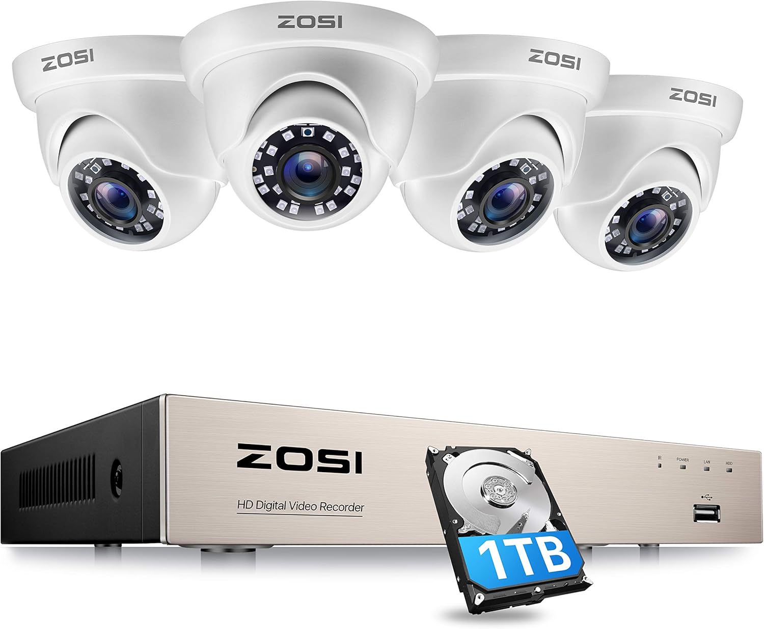 ZOSI 1080P Wired CCTV Camera Systems, 5MP Lite 8CH DVR System and 500GB SSD, 2X 2MP Dome Home Security Cameras Outdoor Indoor