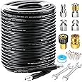 WEST BAY 150 FT Sewer Jetter Kit for Pressure Washer, 5800PSI Drain Cleaner Hose 1/4 Inch NPT, Corner, Rotating, Button Nose Sewer Jetting Nozzle Watertight Tape Pearl Corsage Pin with 2 Pcs Spanner