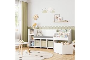 HOSTACK 67" Kids Reading Nook with Bench, Kids Bookshelf and Bookcase with Seat Cushion and 6 Storage Cubbies, Toy Storage Box on Wheels, Toy Chest for Playroom, Bedroom, School, White