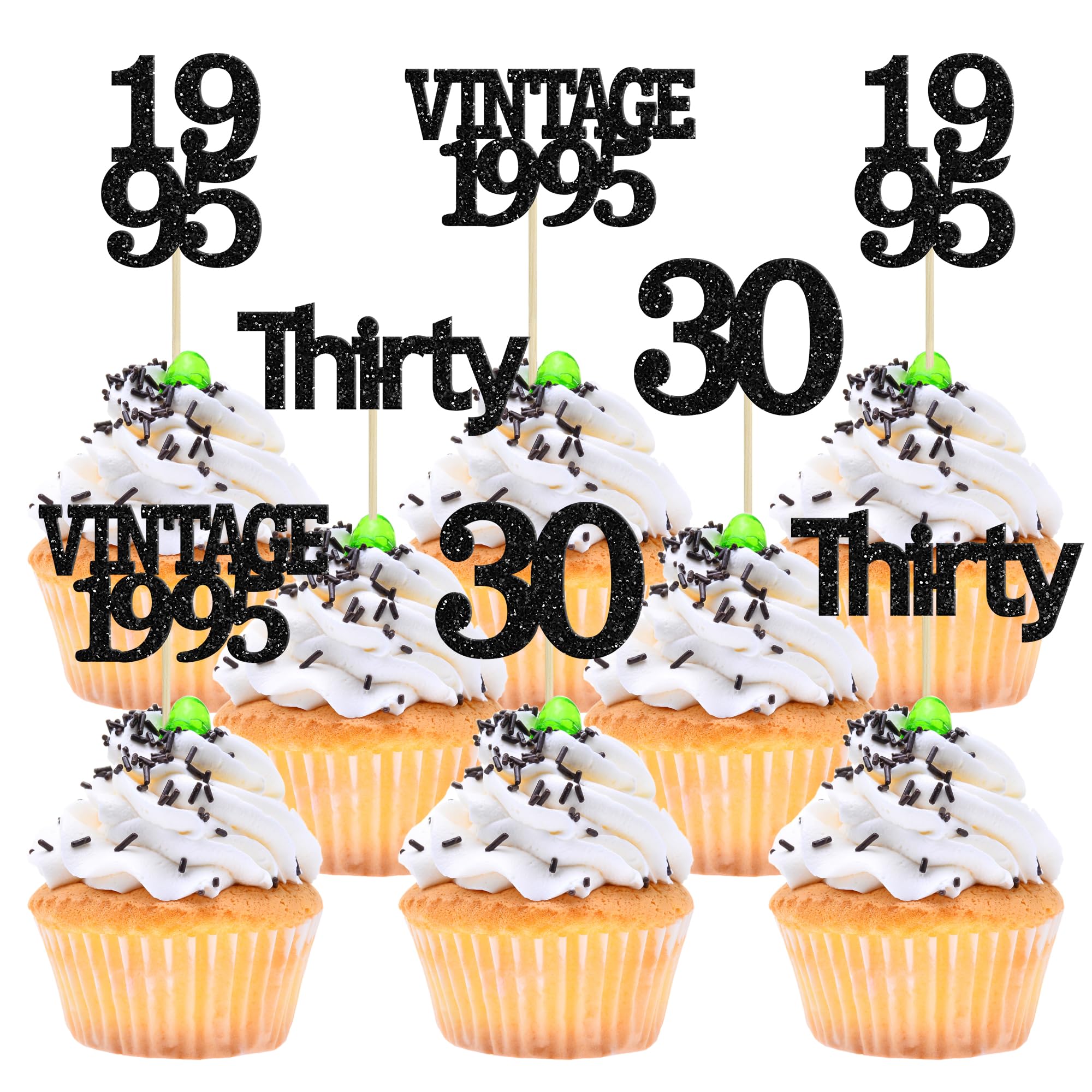 Gyufise 24Pcs Vintage 1995 Cupcake Toppers Cheers to 30 Fabulous Thirty Cupcake Picks Decorations for 30th Birthday Wedding Anniversary Party Supplies Black