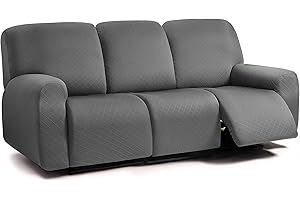 ULTICOR Squared Jacquard Design 8-Pieces Recliner Sofa Covers Stretch Reclining Couch Covers for 3 Cushion Reclining Sofa Slipcovers Thick Soft Washable (3 Seater Recliner Cover, Dark Grey)