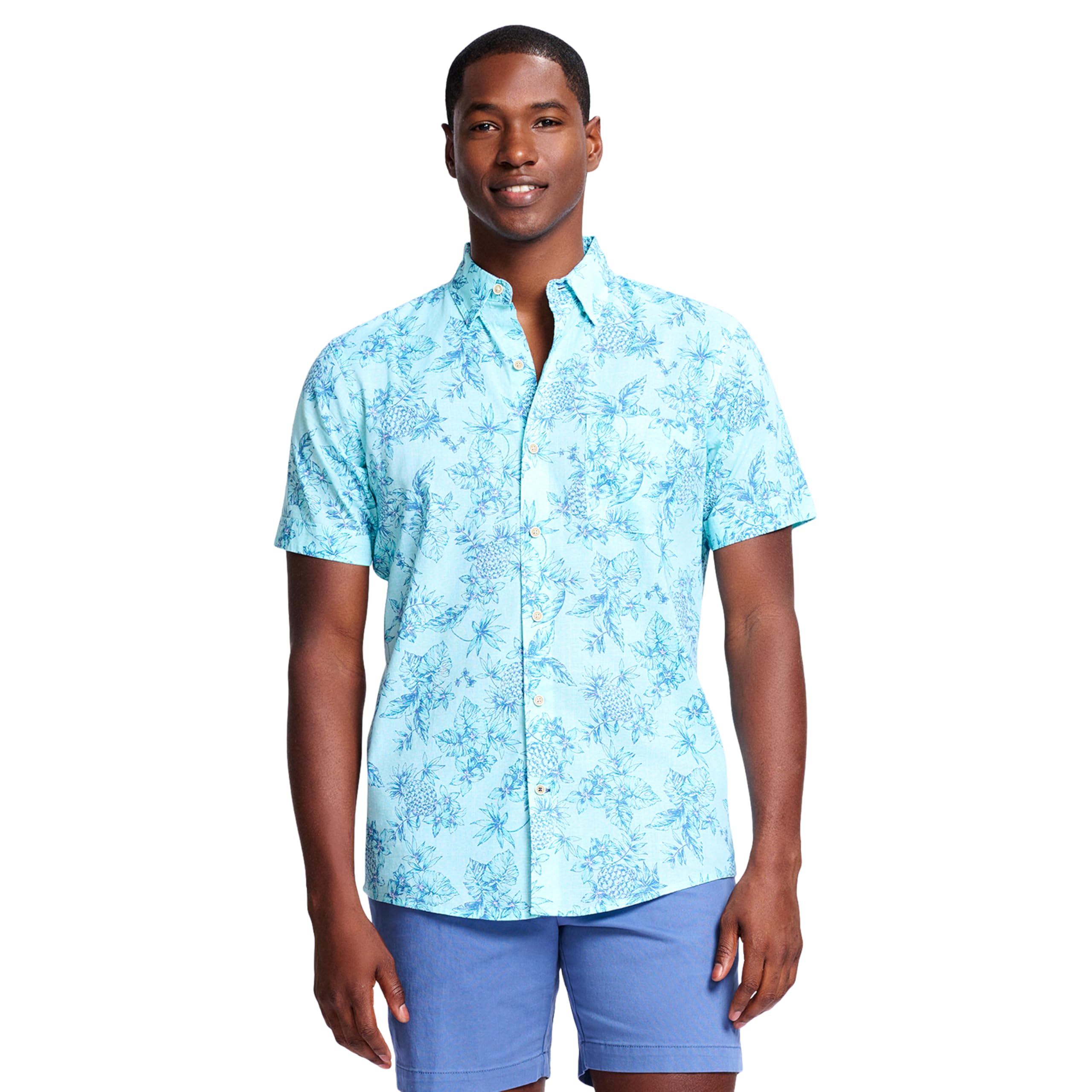 Izod Men’s Saltwater Dockside Chambray Short Sleeve Button Down Shirt, Tanager Turquoise, Large