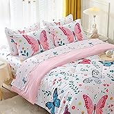 Jameswish Girls Butterfly Comforter Set Queen Size 3 Piece Bed in A Bag Colorful Flowers Leaves Bedding Set for Kids Teens Super Soft All Season