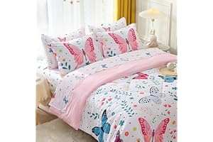 Jameswish Girls Butterfly Comforter Set Full Size 7 Piece Bed in A Bag Colorful Flowers Leaves Bedding Set for Kids Teens Super Soft All Season