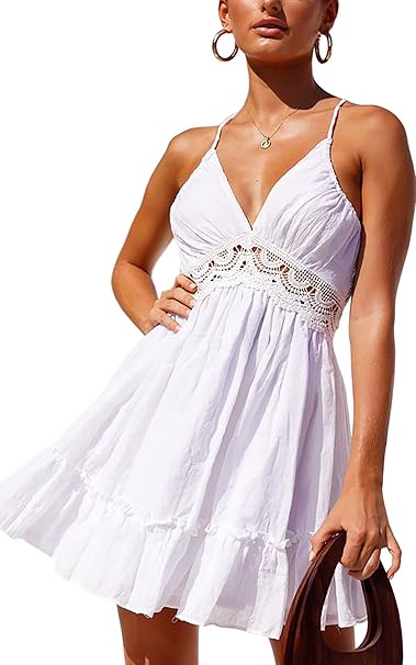 Cassiecy Damen Sommerkleid Lose V-Ausschnitt Spitzenkleid Ärmellos Träger Rückenfreies Kleider Elegant Strandkleider Miniklei
