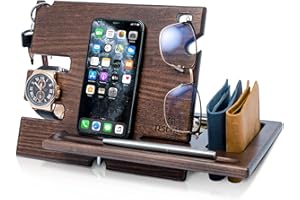 TESLYAR Wood Phone Docking Station Ash Key Holder Wallet Stand Watch Organizer Men Husband Wife Anniversary Dad Birthday Nightstand Purse Father Graduation Male Travel Idea Gadgets (Wenge)