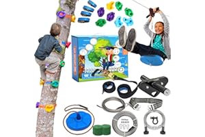 HYPONIX SPORTING Zip Line Kit for Kids and Adults, 100/120 / 150/200 ft, Up to 350 Lbs, Rustproof Stainless Steel, Quick Setup with Ratchet, Safety Harness, Backyard Adventure Fun Includes Climbing Holds