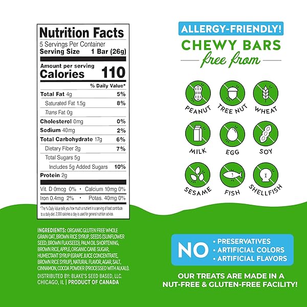 BLAKE’S SEED BASED CHEWY GRANOLA BARS — APPLE CINNAMON (5 COUNT), VEGAN, GLUTEN FREE, NUT FREE & DAIRY FREE, HEALTHY SNACKS FOR KIDS OR ADULTS, SCHOOL SAFE, LOW CALORIE SOY FREE SNACK