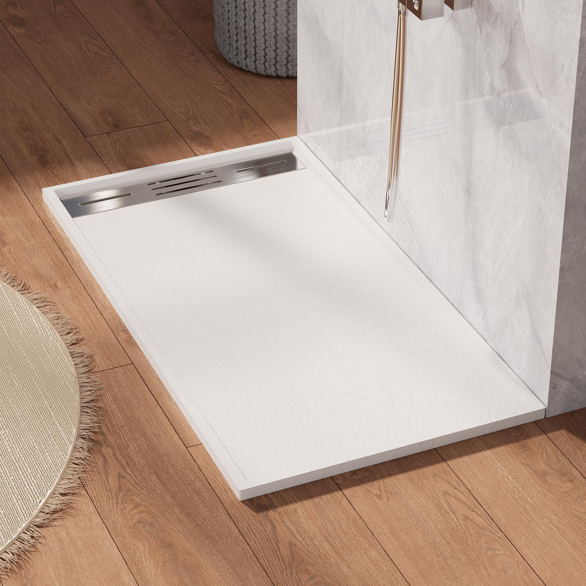 Photo 1 of Findepot 60" x 36" x 1.3" Zero Threshold SMC Shower Pan for Wheel Chair Access, Rectangle Non-Slip Shower Base with Stainless Steel End Drain Cover and 3-Sided Aluminum Waterproof Strip, White