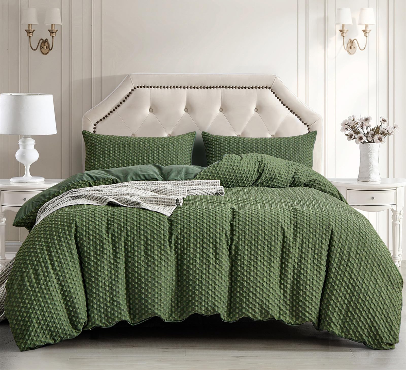 Green Checkered Bedding Set Waffle Seersucker Puckering Duvet Cover Set,2 Pillowcases and Zipper Closure,Soft Microfibre,King Size 220×230 cm