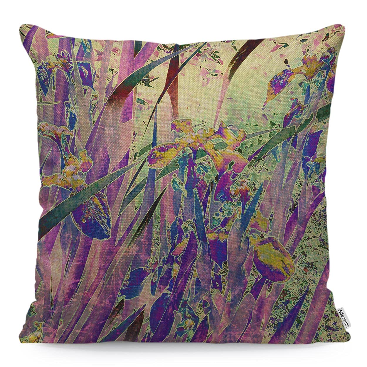 WONDERTIFY Floral Cushion Cover Vintage Art Nature Irises Flower Leaves Decorative Throw Pillow Covers For Couch, Bed Sofa Pillows Case Purple Green 45X45 Cm