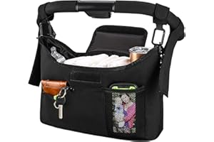 DigiGlow Universal Stroller Organizer with Double Cup Holder， Double Hanging Hooks & Shoulder Strap, Fits for Stroller like Uppababy, Baby Jogger, Britax, BOB, Umbrella and Pet Stroller