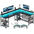 ODK 59" L Shaped Gaming Desk with Power Outlet and LED Lights, PC Gaming Table with USB Ports, Reversible L Shape Desk with Storage Shelves & Monitor Stand, Home Office Desk, Black Carbon Fiber